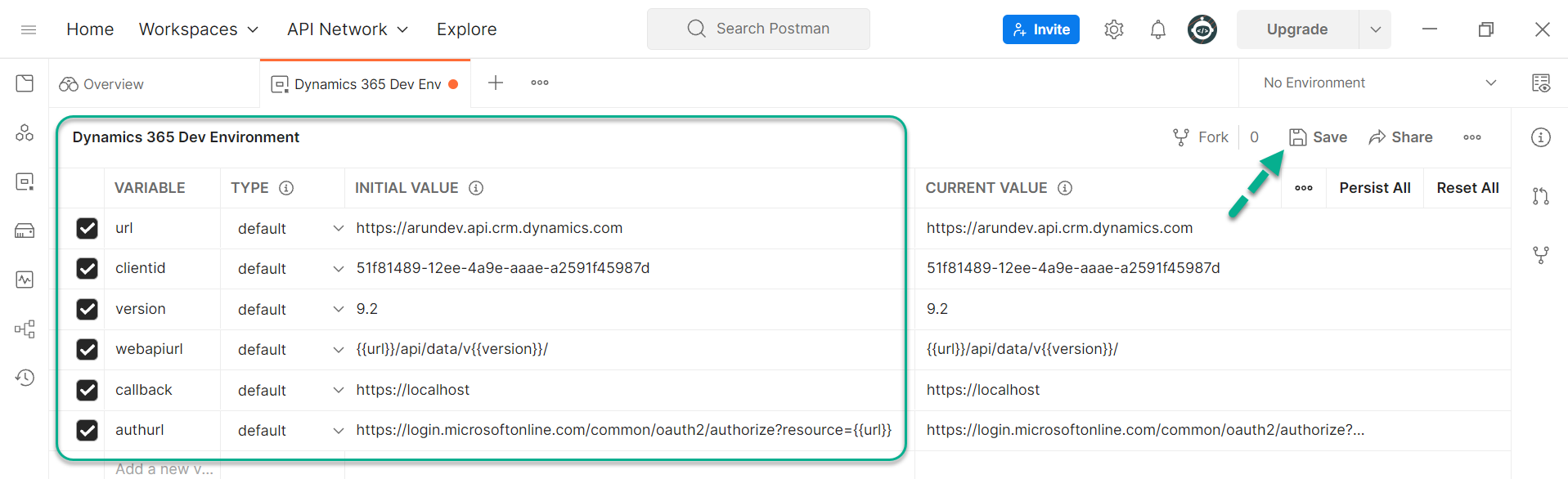 setup and connect to the Dataverse environment in Postman